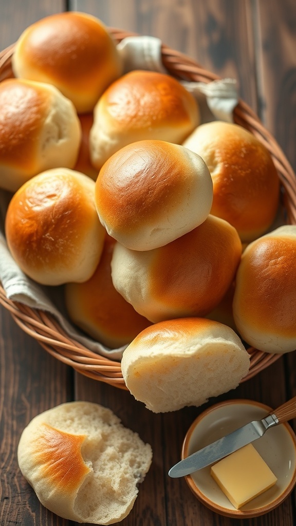A basket of golden-brown Japanese milk bread rolls on a wooden table with butter.